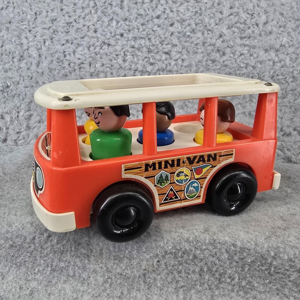 Vintage Fisher Price Little People Mini Van FP-141 Orange Toy Bus 4 Figure Set